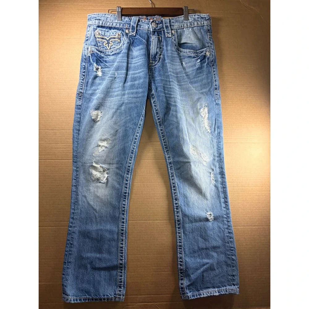 Rock Revival Richie Slim Straight Jeans Mens 34 Blue Distressed Thick Stitch